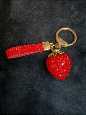 Red Rhinestone Strawberry Keychain with Gold Hardware